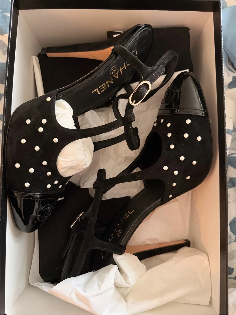 CHANEL Black Pearl-Stud Suede & Patent Slingback Heels